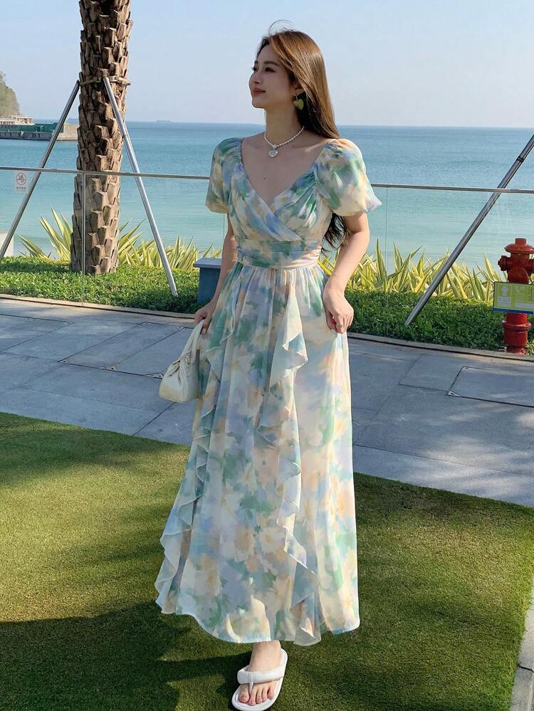 Women's V-Neck Floral Print Ruffle Hem Long Dress Sundress Vacation Outfits Women Boho