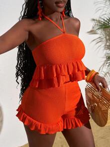 Slaydiva 2025 New Women Plus Size Retro Vacation/Tropical Resort/Music Festival/Club/Road Trip/ Resort/Casual/City Vacation/Graduation Date/Elegant Vacation 2Pcs Set - Sleeveless Top With Halter Neck Tie Texture Fabric And Layered Ruffle Hem Shorts, Orange Women Summer Clothing Woman S Summer Clothes Women S Clothes,2 Pieces Summer Outfit - Orange - View 5