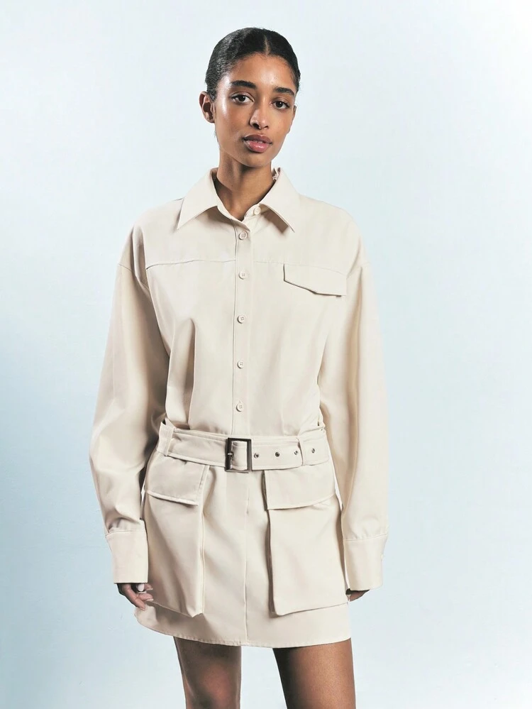 SHEIN Maija Abito-camicia corto, casual e versatile da donna, con collo, bottoni frontali, maniche lunghe, tasche a fisarmonica, di colore albicocca, adatto a festival e occasioni varie