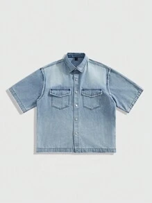 ROMWE MEN Street Life Men's Washed Loose Short Cut Denim Shirt - Multicolor - View 6