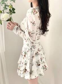 Đầm ngắn tay phồng cổ chữ V, eo nhún bèo dành cho nữ, đầm thu tay dài phong cách Boho - trắng - Xem 7