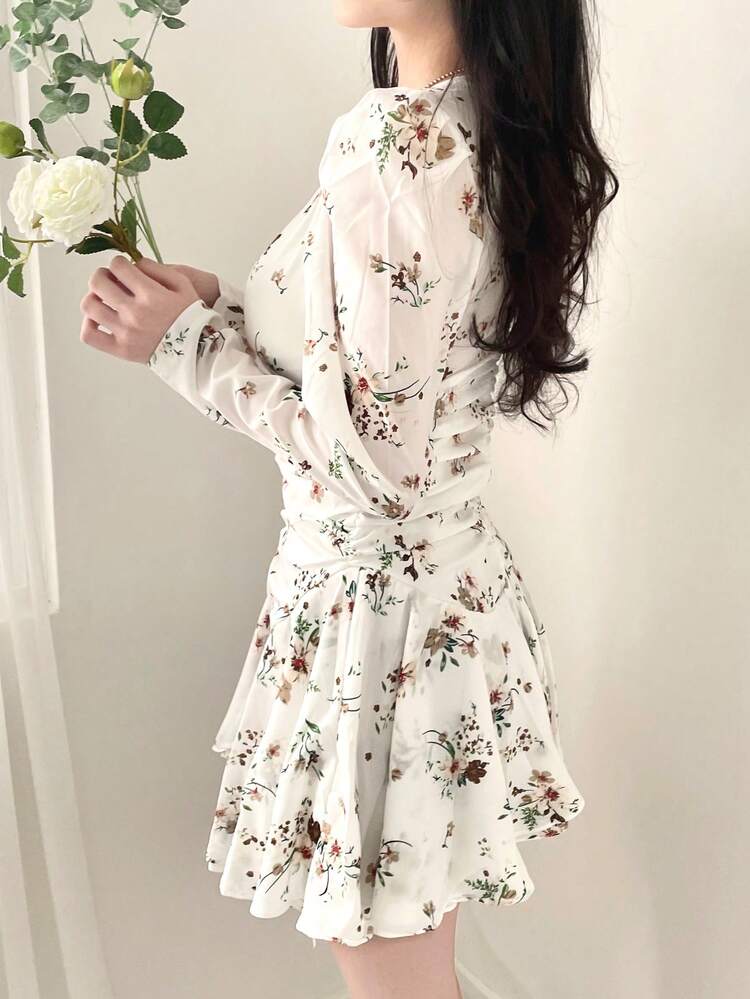 Women's V-Neck Puff Sleeve Ruched Waist Mini Dress,Fall Dress Long Sleeve Dress Boho