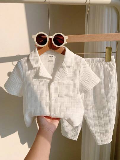 SHEIN LMoss Kids Baby Boy Casual Korean Style Solid Color Jacquard Lapel Short Sleeve Shirt And Relaxed Long Pants 2pcs Outfit, Suitable For Daily Wear, Vacation And Outdoor Activities In Summer