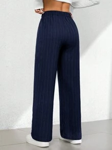 SHEIN Tall 女士纯色抽绳腰休闲百搭日常裤 - 藏蓝色 - 查看 2