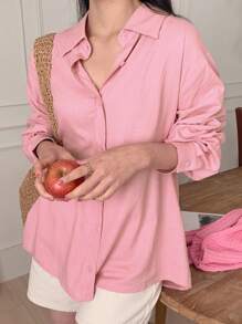 DAZY Camisa básica con cuello vuelto y corte holgado para mujer, color rosa