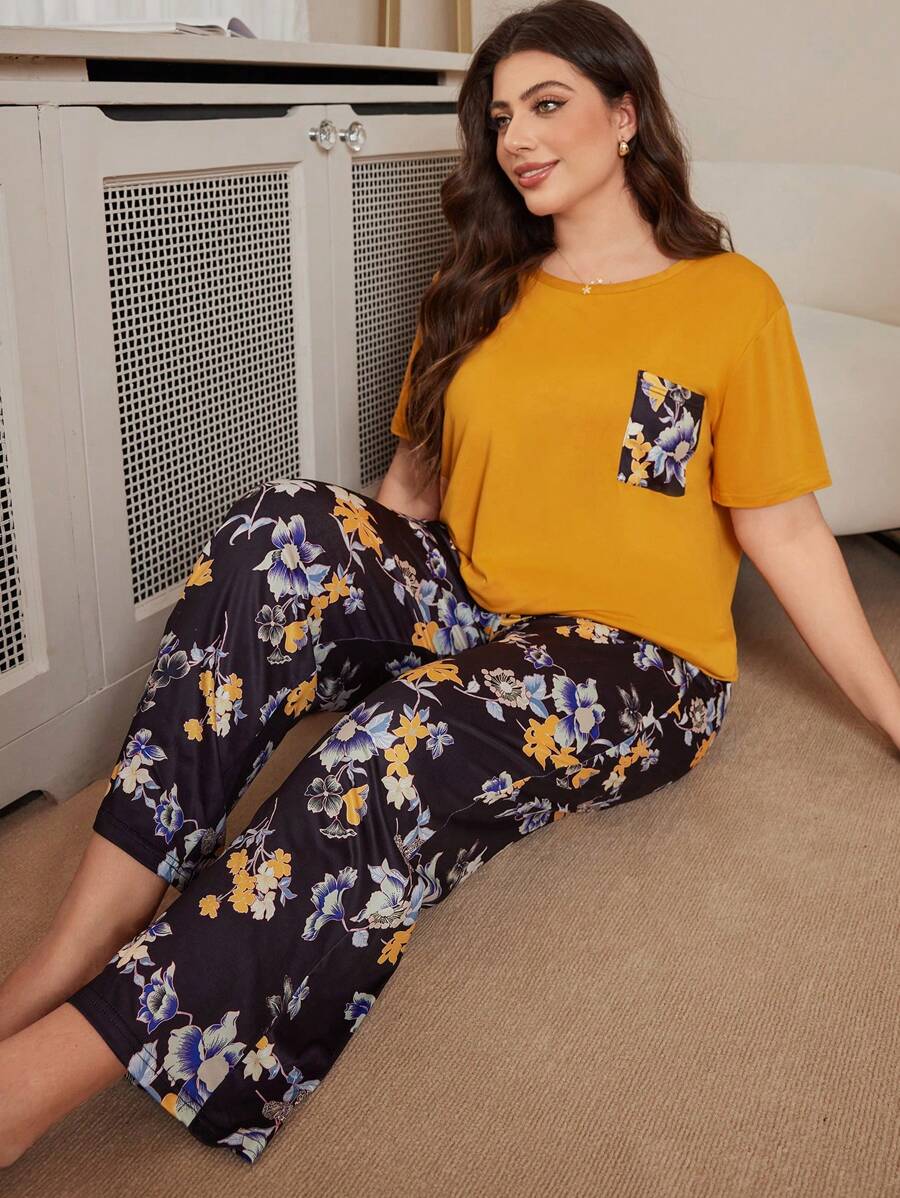 Plus Size Yellow Crew Neck Short Sleeve Pocket Top And Printed Pants Pajama Set, Outfits - Yellow - View 1