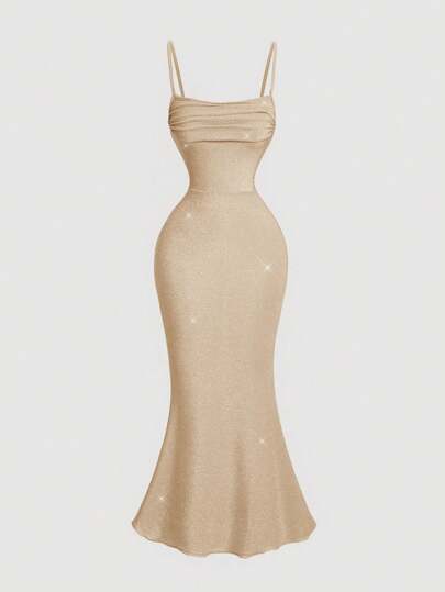 SHEIN MOD 1 pieza Vestido largo con pliegues en el busto y bajo de cola de pez en color champán, vestido formal, atuendo de playa para mujer, vestido de fiesta, vestido de noche, vestido de vacaciones, Acción de Gracias, estilo bohemio, vestido de graduación blanco, atuendos de fiesta