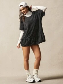 VARSITIE Women Round Neck Short Sleeve Simple Casual Short Sporty Dress - Black and White - View 6