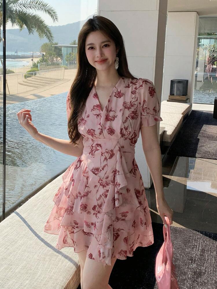 Women's Floral Print Short Sleeve Dress, Summer,Ruffle Vacation Outfits Women Easter