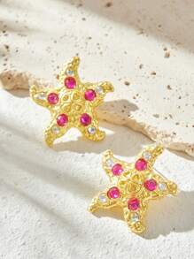 SHEIN BAE Exaggerated Metal Starfish Decorated Rhinestone Simple & Casual Earrings - Hot Pink - View 2