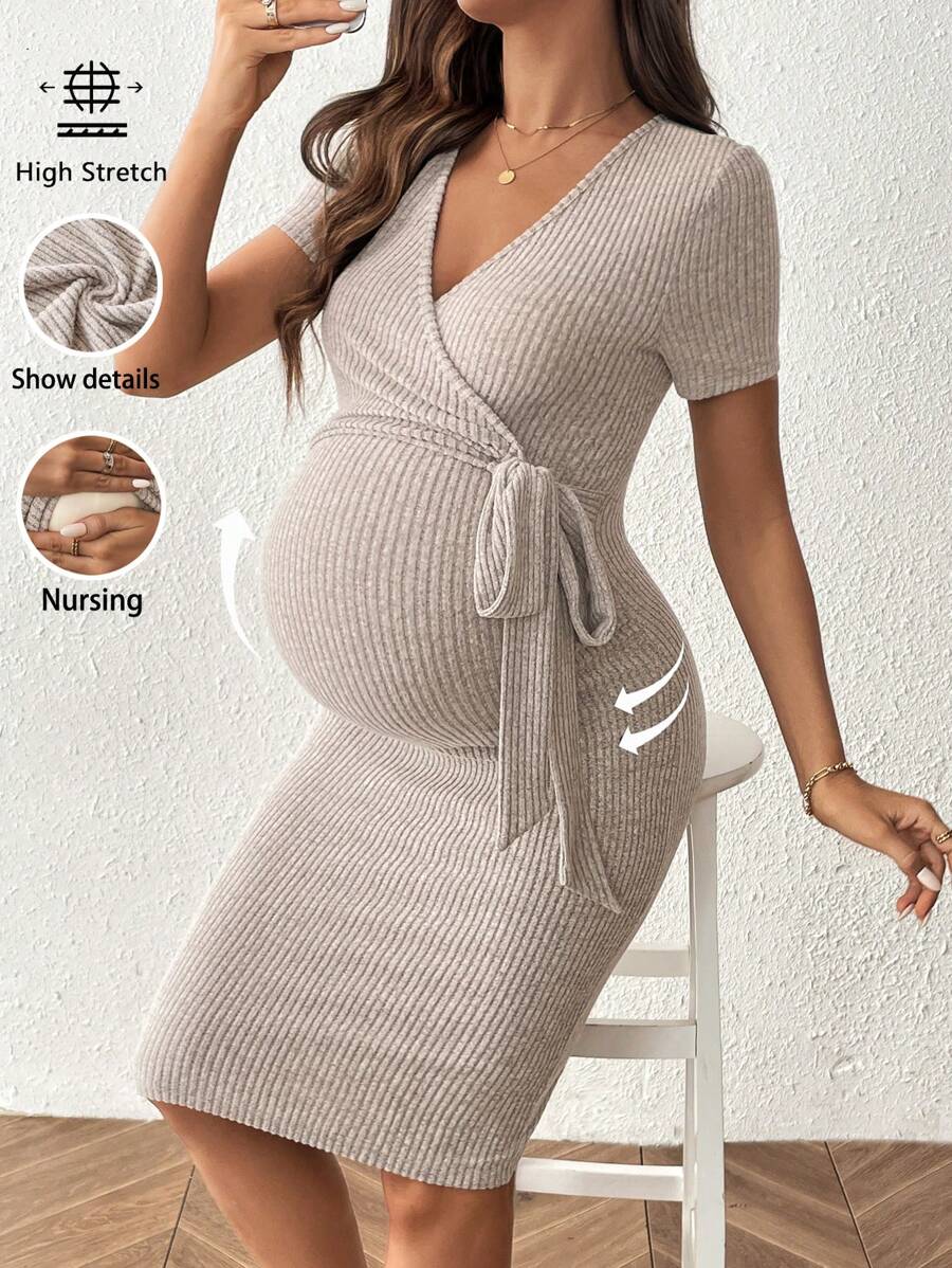 SHEIN Sukienka dla kobiet w ciąży w jednolitym kolorze, z krótkim rękawem i wiązaniem, dopasowana, elegancka