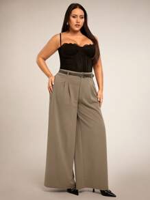 SHEIN BAE Pantalon long simple de style quotidien pour femmes grandes tailles, couleur kaki avec décoration de ceinture, jambe large, convient pour le casual, les rendez-vous, les vacances, le bureau, le travail, le printemps/été - Kaki - Voir 4