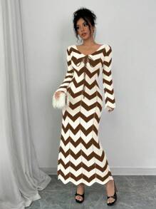 Calvaya Women Striped Lace Up Long Sleeve Casual Striped Long Sweater Dress