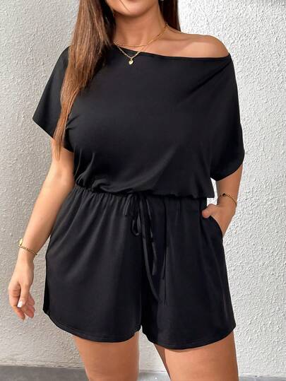 SHEIN Essnce Plus Size Women's Romper, Summer Wear, Shorts, Cutie Off-The-Shoulder,Summer Outfits For Women Summer,Rave Outfits Festival,Summer Outfits For Women Vacation Outfits Woman Casual Jumpsuit For Women