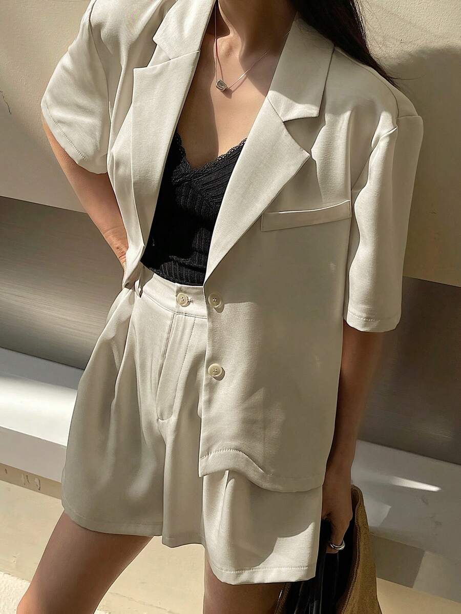 DAZY 2pcs Women Solid Color Button Front Short Sleeve Pocket Blouse & Shorts Set - White - View 1