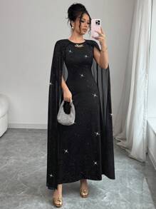 Calvaya Women's Holiday Gathering Party Banquet Solid Chiffon Sequin Cape Dress Black Round Neck Metal Button Decoration Long Slim Elegant Dress Women's Dress