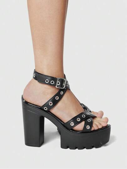 Grunge Punk Women's Dark Gothic Summer Open Toe Cross Strap Platform Rock Punk Sandals, Thick Block Heel Formal Work Shoes, Leather Buckle Rivet Party Dress High Heel Sandals