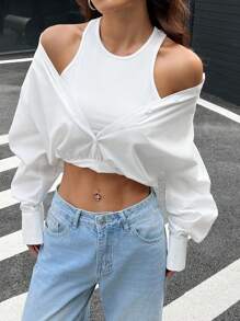 SHEIN EZwear 女士纯色前扣长袖简约衬衫，休闲日常穿着 - 白色 - 查看 3