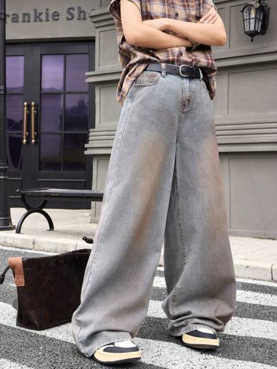 SHEIN Jeans holgados y de pierna ancha de mezclilla azul cómodos de estilo casual vintage "old money" Y2K para adolescentes, ideales para disfraces, uso diario y ropa de verano para adolescentes.