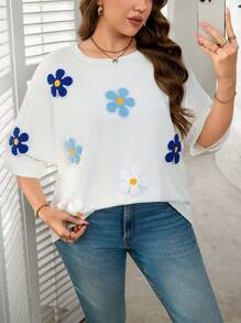 SHEIN LUNE Plus-Size Women's Festival Boho Summer Flower Print Casual Loose Home Outing Simple Basic Short-Sleeved T-Shirt - White - View 1