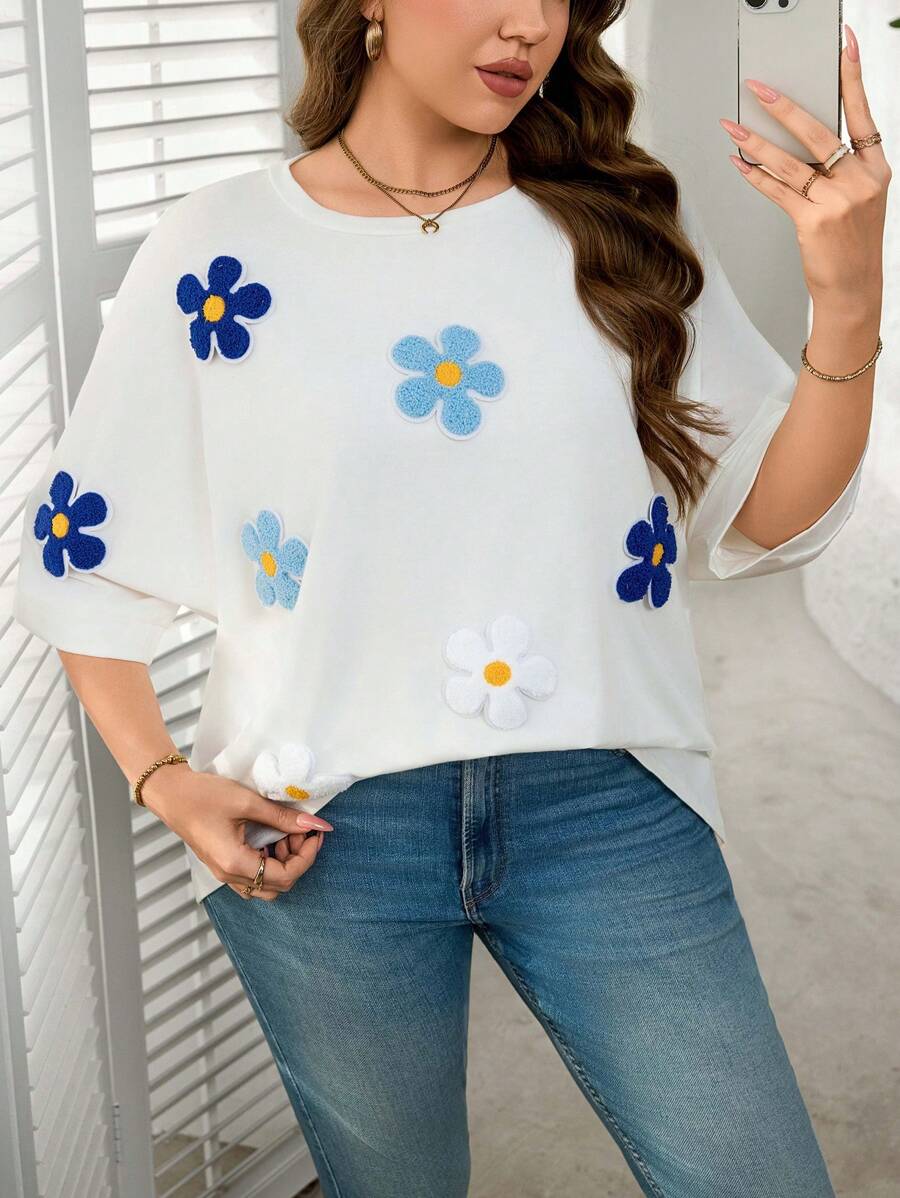 SHEIN LUNE Plus-Size Women's Festival Boho Summer Flower Print Casual Loose Home Outing Simple Basic Short-Sleeved T-Shirt - White - View 1