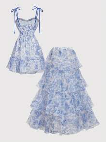 SHEIN MOD Blue And White Floral Print Vintage Gorgeous Romantic 2-In-1 Dress With Removable Multi-Tiered Cake Skirt - Palace Style Formal Dress,Valentines Clothes,Beach Outfits For Woman,Birthday Outfits For Women,Wedding Guest Dress Women,Rave Outfits Festival