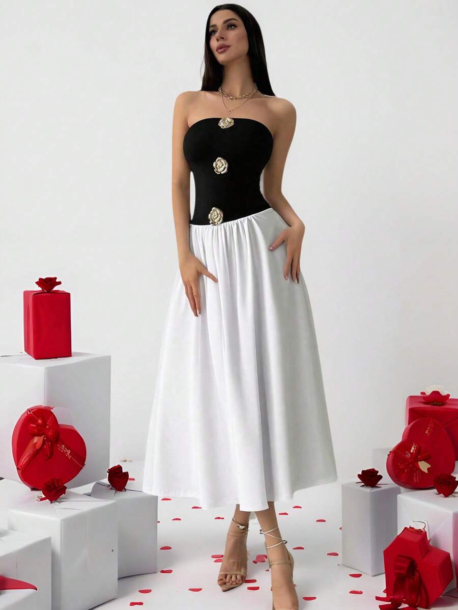 Firerie Valentine's Day Women's Color Block Patchwork 3D Floral Decor Simple Casual Dress - Black and White - View 1