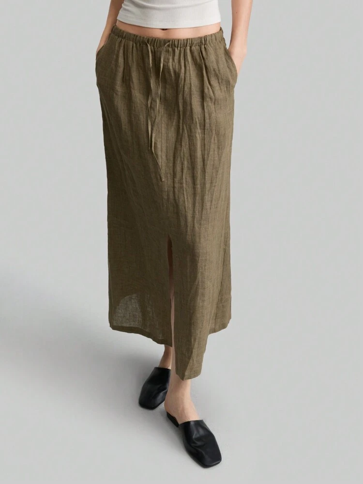 Women's 2025 New Casual Resort Style Lace-Up Front Slit Khaki Straight Long Maxi Skirt, Spring