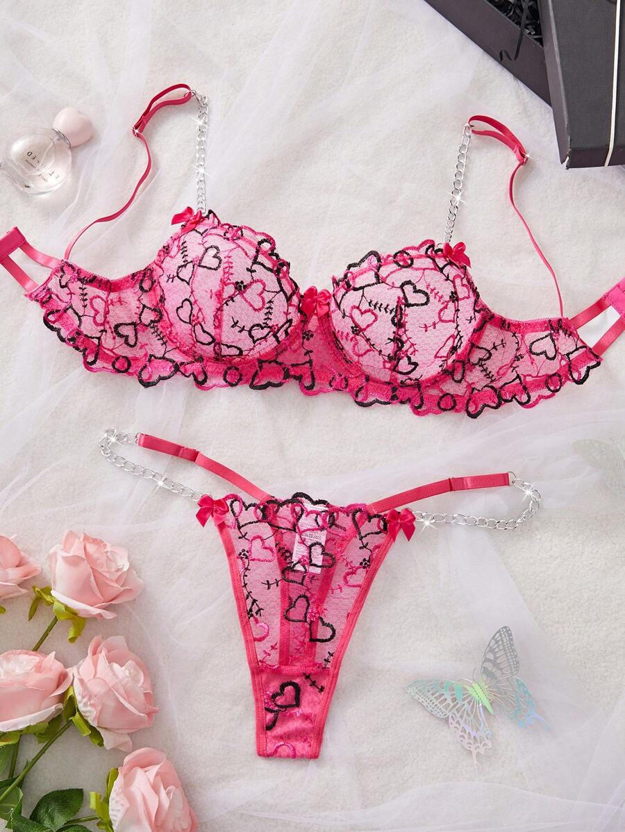 2pcs Women's Embroidered Heart Design Chain Detail Bra And Panty Lingerie Set - Hot Pink - View 1