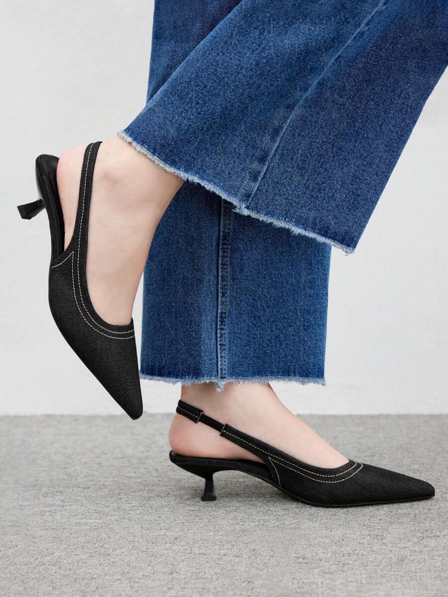 CUCCOO BIZCHIC Women's Plain Pointed Toe Low Heel Pumps, Minimalist Simple Commuting Versatile Black Fabric High Heels For Formal Occasions And Street Wear