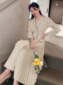 DAZY 纯色拼布褶皱女士中长连衣裙，秋季连衣裙长袖连衣裙 - 杏色 - 查看 7