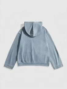 ROMWE MEN Prep Chaqueta de mezclilla con capucha, bolsillo y manga larga estampada informal para hombre