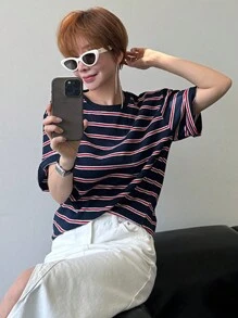 DAZY 女士宽松条纹短袖圆领休闲T恤超大码T恤 - 藏蓝色 - 查看 5