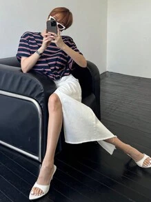 DAZY 女士宽松条纹短袖圆领休闲T恤超大码T恤 - 藏蓝色 - 查看 6
