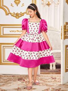 SHEIN Leap Crew Tween 女童宽松休闲简约圆领印花撞色拼接荷叶边下摆连衣裙