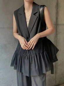 FRIFUL Women's Black Mesh Splice Blazer, Elegant Professional Office Wear Casual,Ruffle Business Attire - Grey - View 4