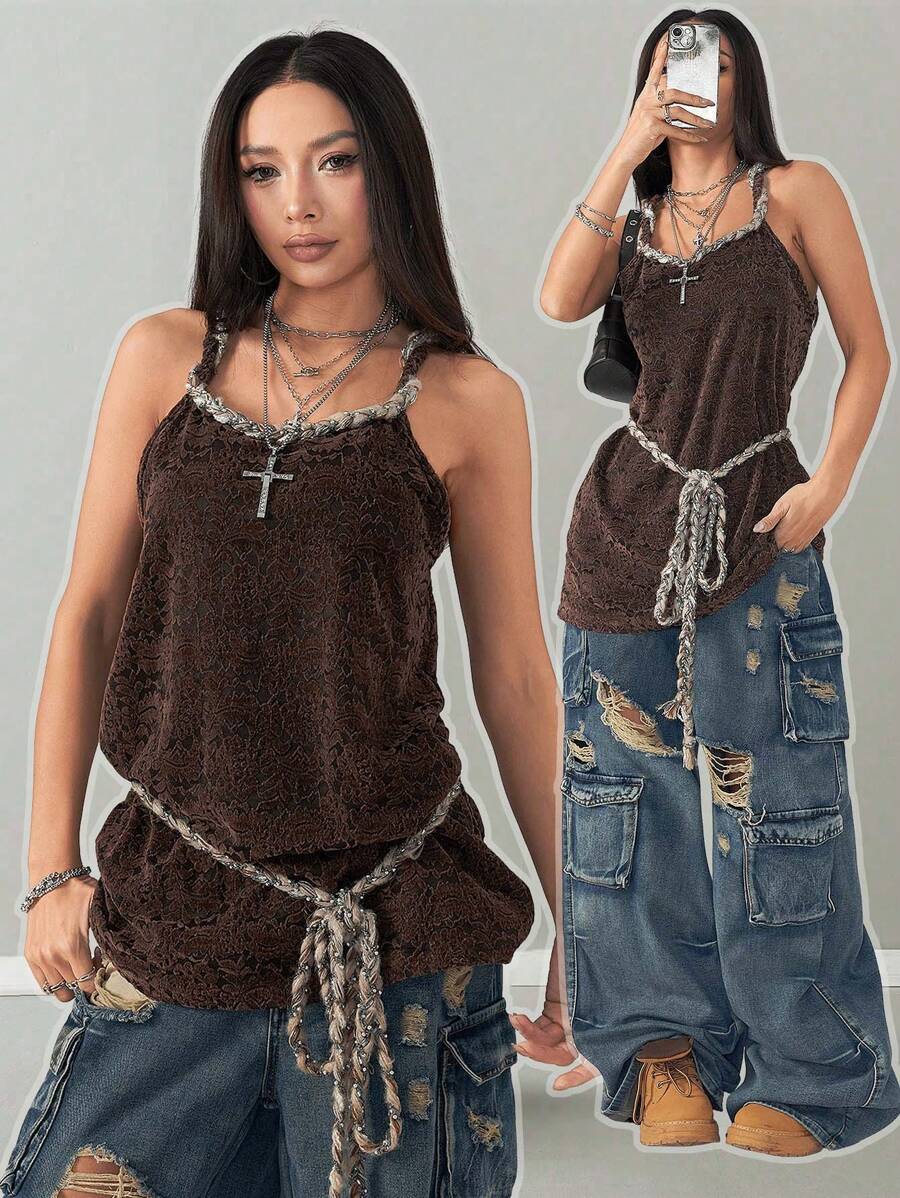 Coolane Women's Spring/Summer For Country Festival Outfits Floral Textured Brown Long Halter Top - Coffee Brown - View 1