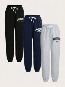 SHEIN Essnce 女式前系带口袋字母印花休闲运动裤 - 藏蓝色 - 查看 3