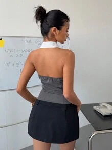 SHEIN Essnce 女式露背衬衫 - 女式条纹办公衬衫，高知风格女式上衣，撞色领子，胸前褶皱衬衫 - 灰色 - 查看 2