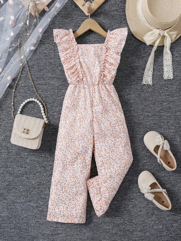 SHEIN 年轻女孩优雅碎花荷叶边方领连体衣