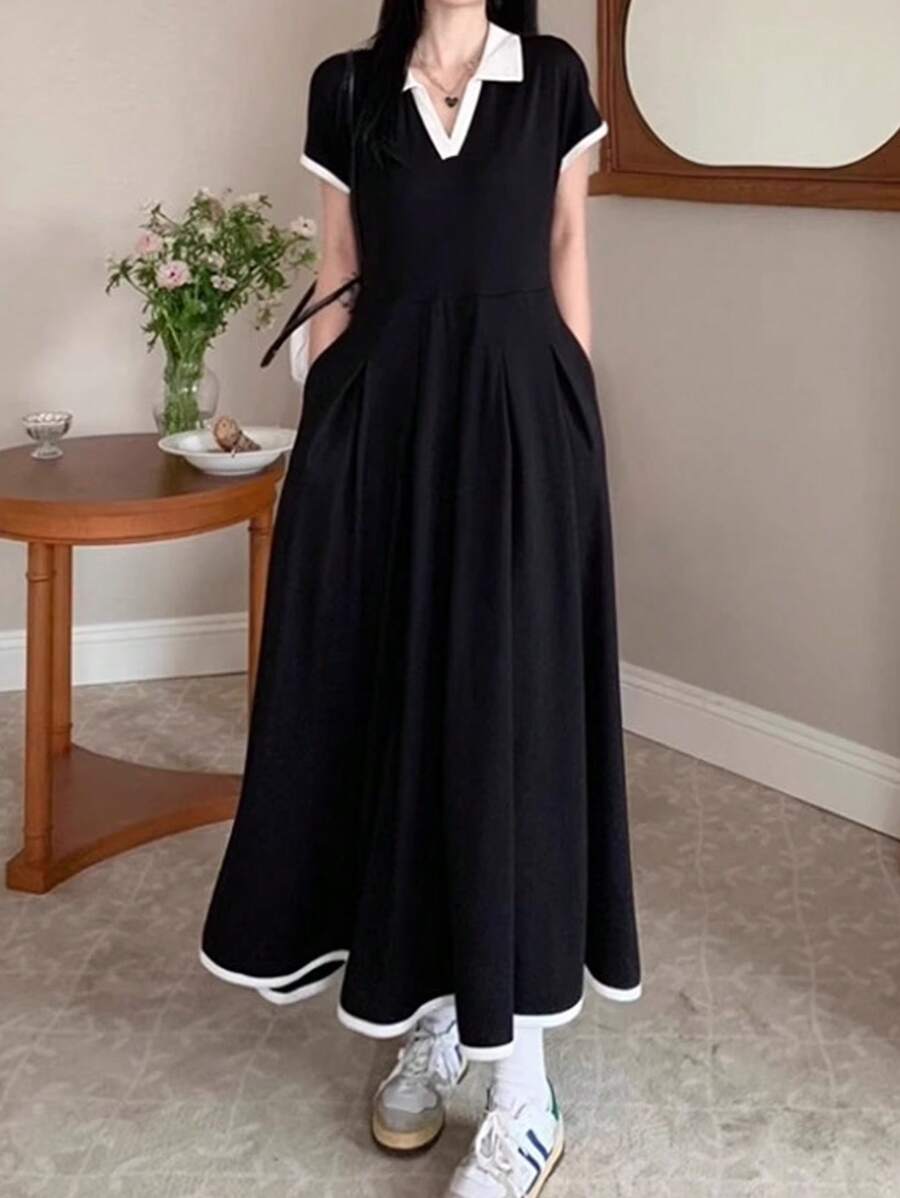 FRIFUL Đầm dài màu tương phản cổ polo đen cho nữ, tay ngắn, váy mùa hè - màu đen - Xem 1