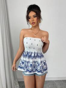 Chiquease Top tubo sin espalda con estampado floral para mujeres en estilo INS - Azul y blanco - Ver 3