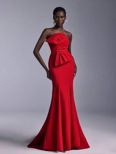 Elitara Elegant Luxurious Large Bow Detail Fishtail Floor Length Evening Gown Dress, Formal Prom Dress, For Wedding Guest, Graduation, Party Dress