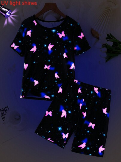 Teen Girl 2pcs/Set Butterfly Print Luminous Snug Fit Sleepwear Pajama Set With Short Sleeve Top & Shorts