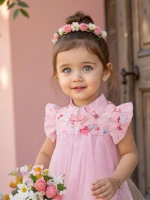 SHEIN Baby Girls Spring Pink Elegant & Cute Digital Print Soft Silk-Like Fabric Ruffled Collar Sleeveless Flared Dress, Suitable For Staying Home In Chinese Style