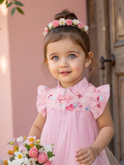 SHEIN Baby Girls Floral Pink Summer Tropical Flower Girl Elegant & Cute Digital Print Soft Silk-Like Fabric Ruffled Collar Sleeveless Flared Dress,Pink