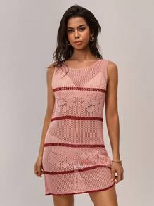 Forever 21 Ärmelloses Strickpulloverkleid mit Farbblock-Muster und Streifen für Damen, Cut Out - Pink - Übersicht 5