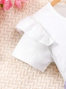 Tween Girl Casual Elegant Solid Ribbed Ruffle Trim Tee And Faux Pearl Decor Skirt Shorts 2 Pieces Set, Summer,Holiday,Summer,Travel