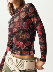 Bohemela Women Floral Print Long Sleeve Mesh Cropped Top - Black - View 5