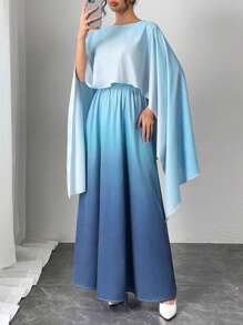 Firerie 女士优雅浪漫雪纺渐变长袖两件套，高腰 A 字长裙，适合情人节、晚宴、秋冬/春季 - 藍色 - 查看 2